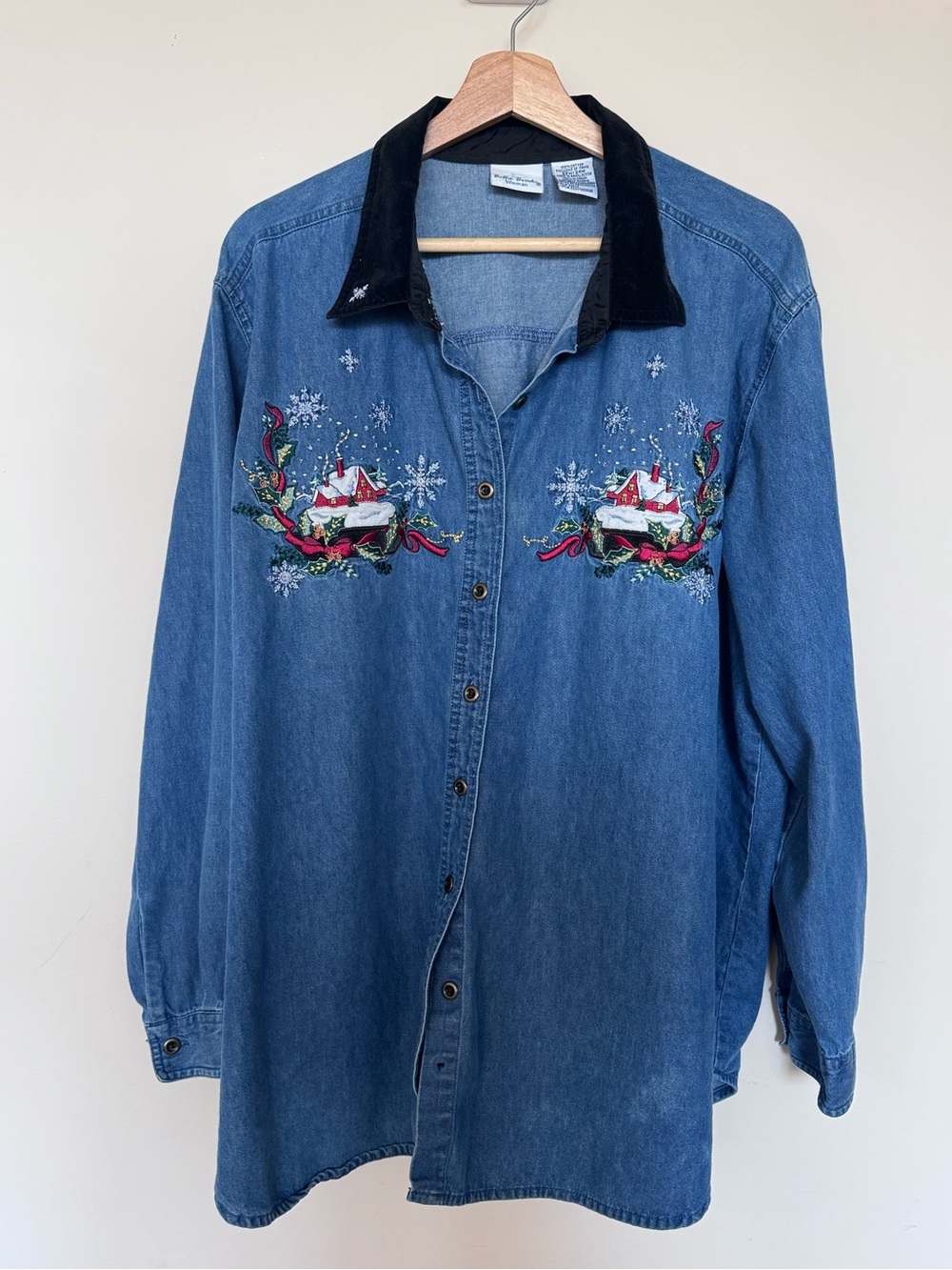 Vintage Christmas Holiday Button Down Denim Long Sleeve Shirt Festive Size 22